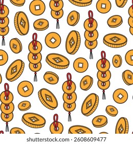 chinese coins seamless pattern with doodles for prints, wallpaper, wrapping paper, scrapbooking, textile, etc. EPS 10