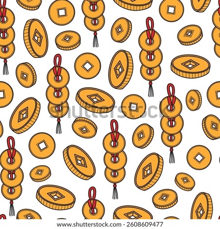 chinese coins seamless pattern with doodles for prints, wallpaper, wrapping paper, scrapbooking, textile, etc. EPS 10
