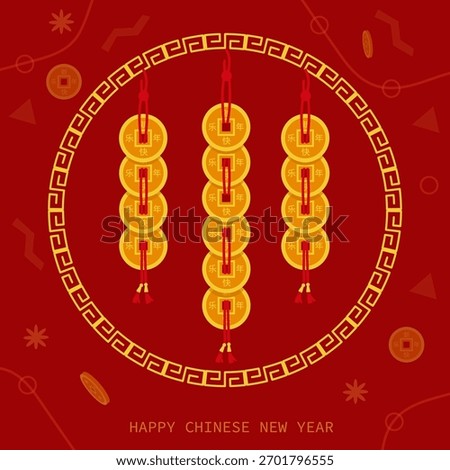 Chinese Coins vertical strings with knot details flat illustration icon isolated on white background