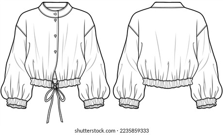 Chinese Collar Bishop Sleeve Button Down Crop Blouse with Drawstring Hem Front and Back View. Fashion Illustration, Vector, CAD, Technical Drawing, Flat Drawing, Template, Mockup.	