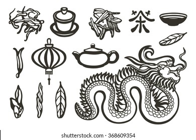 Chinese collection. The Dragon, teapot, lantern, tea leaves, piala, gaiwan, hieroglyph. 