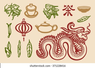 Chinese collection. The Dragon, teapot, lantern, tea leaves, piala, gaiwan, hieroglyph. The Chinese character Tea.