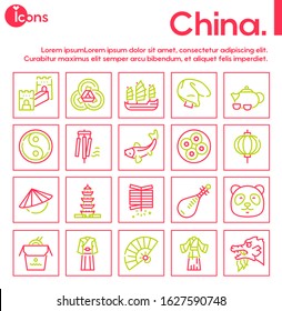 Chinese color linear vector icons set. Traditional culture of China. New Year. Firecracker, dragon, fan, lamp, costumes, food, pipa, tea, yin yang.