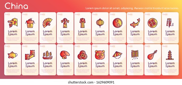 Chinese color linear vector icons set. Traditional culture of China. New Year. Firecracker, dragon, fan, lamp, costumes, food, pipa, tea, yin yang. 