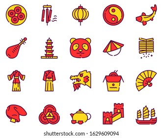 Chinese color linear vector icons set. Traditional culture of China. New Year. Firecracker, dragon, fan, lamp, costumes, food, pipa, tea, yin yang.