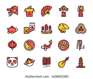 Chinese color linear vector icons set. Traditional culture of China. New Year. Firecracker, dragon, fan, lamp, costumes, food, pipa, tea, yin yang. 