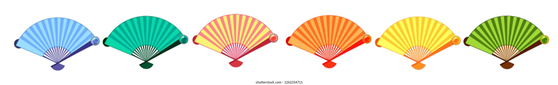Chinese colorful fans set. Hand drawn vector objects. Isolated on white background. 