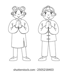 Chinese coloring outline people in national clothes for Chinese New Year
