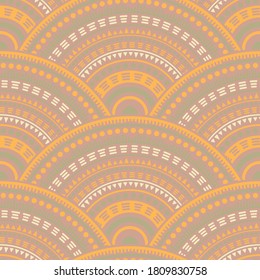 Chinese concentric elements batik print vector seamless pattern. Tribal motifs wavy repeating scallops. Japanese folk circle mandala elements seamless geometric pattern.