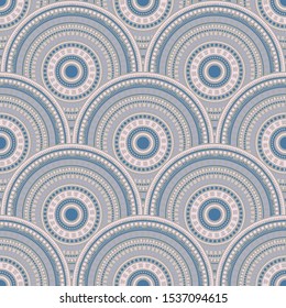 Chinese concentric elements textile ornament vector seamless pattern. Oriental motifs abstract repeating illustration. Japanese ethnic circle mandala elements seamless geometric pattern.