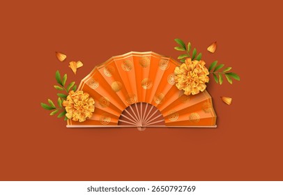 Design de banner conceito chinês com ventilador e flores de calêndula no plano de fundo plano