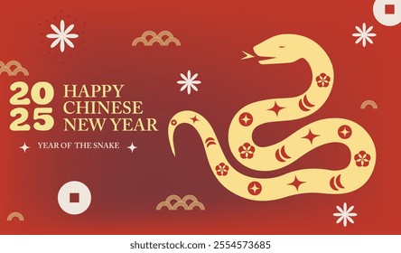 Chinese concept modern happy New Year 2025,Year of the Snake. vector illustration,Abstract red background  Chinese for cover, card,banner, poster, Astrology Chinese lunar calendar animal symbols