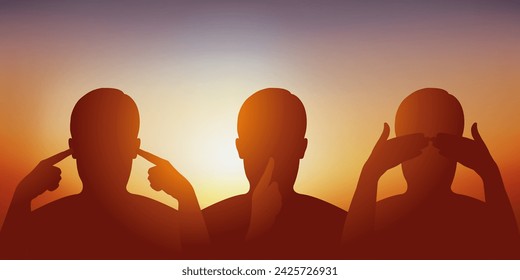 Chinese concept of the three wisdom monkeys, with a man covering his ears, closing his eyes and remaining silent.