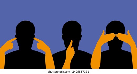 Chinese concept of the three wisdom monkeys, with a man covering his ears, closing his eyes and remaining silent.