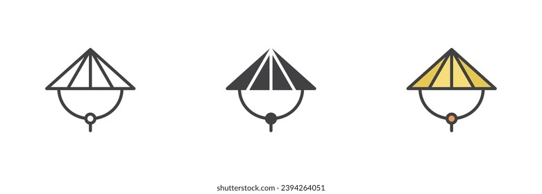 Chinese conical hat different style icon set. Line, glyph and filled outline colorful version, outline and filled vector sign. Symbol, logo illustration. Vector graphics