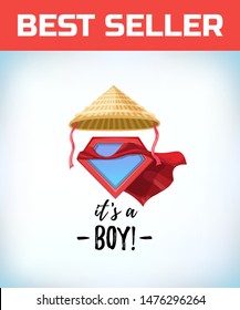 Chinese conical straw hat. Its a boy in vintage style. Comic style. Cartoon Vector illustration.