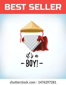 Chinese conical straw hat. Its a boy in vintage style. Comic style. Cartoon Vector illustration.