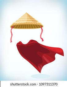 Chinese conical straw hat. Masquerade costume headdress. Carnival or Halloween mask. Cartoon mascot Vector illustration. Funny super hero flying with cloak.