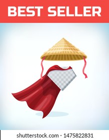 Chinese conical straw hat. Masquerade costume headdress. Carnival or Halloween mask. Cartoon Vector illustration. Red cape