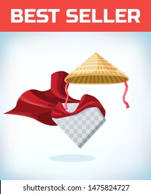 Chinese conical straw hat. Masquerade costume headdress. Carnival or Halloween mask. Cartoon Vector illustration. Red cape
