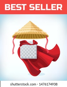 Chinese conical straw hat. Masquerade costume headdress. Carnival or Halloween mask. Cartoon Vector illustration. Red cape