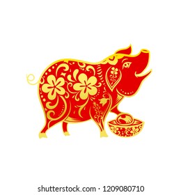 Chinese contemporary modern art red and golden line smile pig zodiac for chinese new year vector illustration eps10