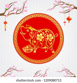 Chinese contemporary modern art red and golden line smile pig zodiac for chinese new year vector illustration eps10