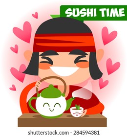 Chinese cook traditional food. Tea ceremony. Smiley character in cartoon style. Asian cuisine.