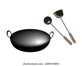 Herramientas de cocina chinas.Espátula de wok negro y conjunto de herramientas de cuchara.
Isometric de la cocina trabaja icono de la sartén para el diseño web aislado en fondo blanco. - Vector