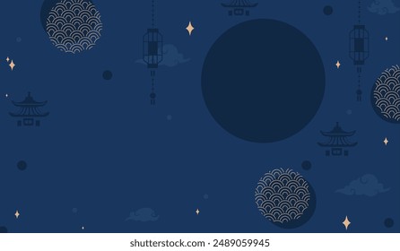 Fondo azul oscuro del espacio de la copia china con los Elementos dorados de la cultura asiática en estilo geométrico. Diseño de Vector para fondo, venta, Anuncio, póster o tarjeta de felicitación