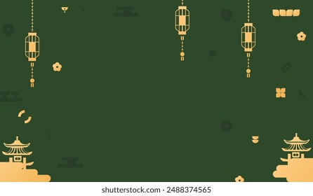 Fondo verde del espacio de la copia china en estilo geométrico con símbolos dorados de la cultura asiática. Diseño de Vector para fondo, Anuncios y carteles