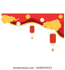 Chinese corner with cloud, lantern, and oriental flower style. Traditional golden chinese corner. Vector isolated.	