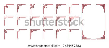 Chinese corner frame vector, traditional red line decorative border set for invitation, poster, greeting card, menu, and New Year design