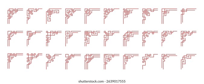 Chinese corner vector set. Red japanese border frames design art, asian vintage ornaments isolated on white background. Traditional korean decorative elements, japan ancient line culture decoration