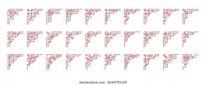 Chinese corners vector set. Red japanese border frames, asian vintage ornaments isolated on background. Traditional korean decorative elements or japan ancient line culture decoration for card, poster
