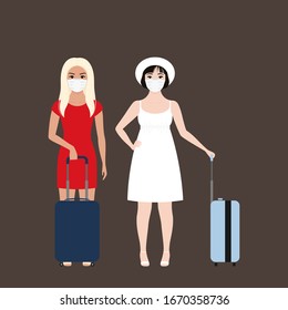 Chinese Coronavirus (2019-nCoV), two girls in white medical mask travel with suitcases in their hands. The concept of quarantine coronavirus. Vector Stock Flat illustration.