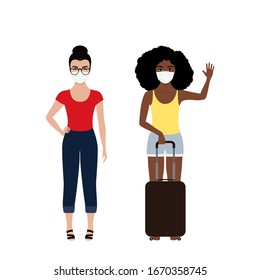 Chinese Coronavirus (2019-nCoV), two girls in white medical mask travel with suitcases in their hands. The concept of quarantine coronavirus. Vector Stock Flat illustration on transparent background.