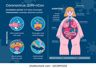 Chinese coronavirus infographics of symptoms, transmission, prevention tips. Covid-19 on human body map. Vector template of Wuhan Cov elements. Layout in flat style