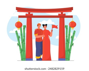 Chinese couple concept. Man and woman wearing red traditional Chinese clothing next to building. Asian culture, ethnicity and architecture. Cartoon vector illustration isolated on white background