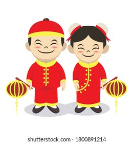 Chinese couple kids with traditional costume mascot design illustration
