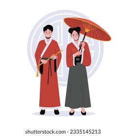 Chinese couple in traditional clothes vector illustrations. Group chinese male and female cartoon characters. Flat vector illustration isolated on white background