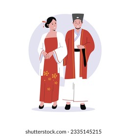 Chinese couple in traditional clothes vector illustrations. Group chinese male and female cartoon characters. Flat vector illustration isolated on white background