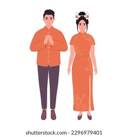 Chinese couple in traditional clothing. Asian man and woman, asian culture, ethnicity. Vector illustration in flat style.