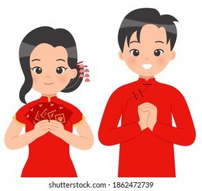 Chinese couple in traditional costume doing fist and palm salute greeting for lunar new year. Red pocket. Flat vector isolated on white