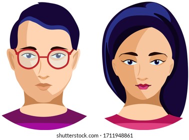 Chinese couple of young male face in glasses and female portrait. Avatar of man and woman, social media profile consept. Editable Vector illustration isolated on white background. 