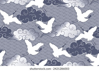 Grúa y nubes chinas. Patrón sin foco. Ilustración vectorial. Adecuado para tela, mural, papel de envolvimiento y similares