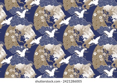 Chinese crane and clouds. Seamless pattern. Vector illustration. Suitable for fabric, mural, wrapping paper and the like