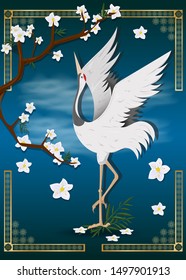 Chinese crane dancing among the branches of Sakura in a frame of ornament blue background