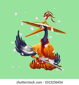 Chinese Crane, Heron cartoon. Vector illustration