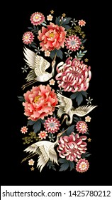 Chinese cranes, peonies and chrysanthemums compositions. Vector.